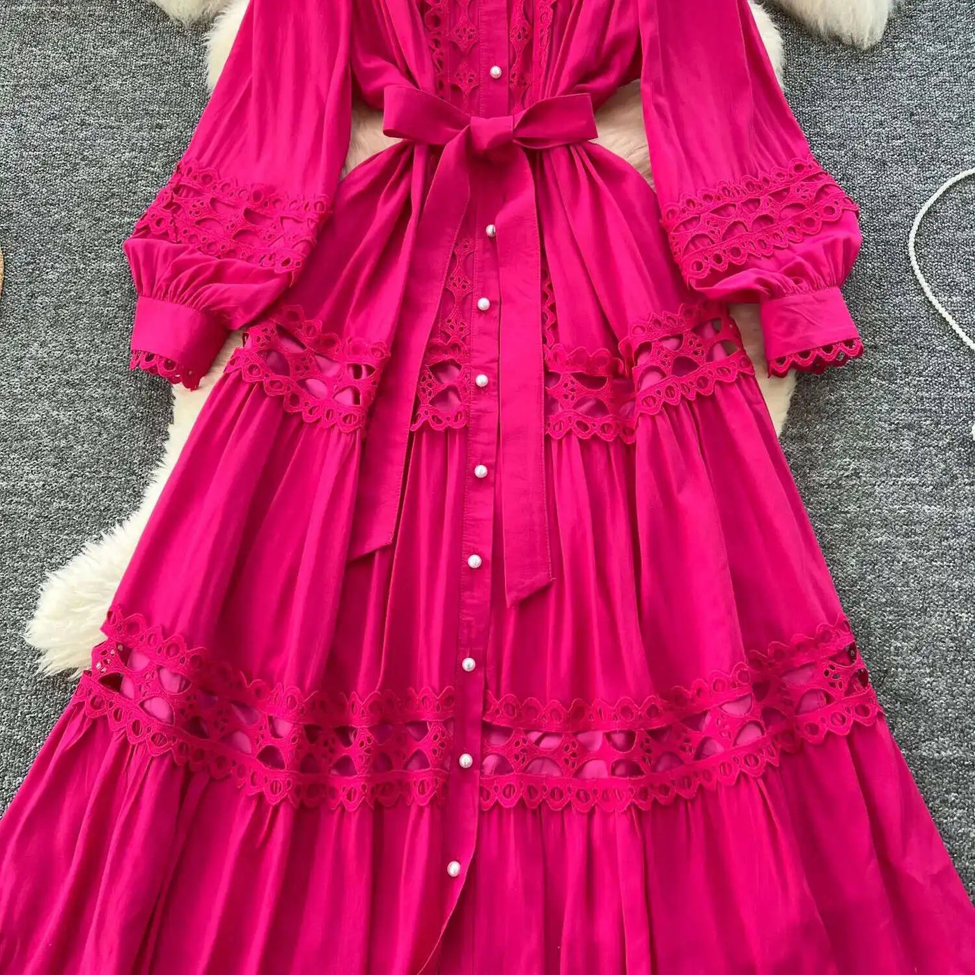 Elegant Long Maxi Hollow Out Dress Shirt Women Summer Autumn Palace Retro Pearl Button Embroidery Crochet Evening Party Vestidos