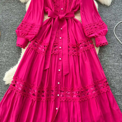 Elegant Long Maxi Hollow Out Dress Shirt Women Summer Autumn Palace Retro Pearl Button Embroidery Crochet Evening Party Vestidos