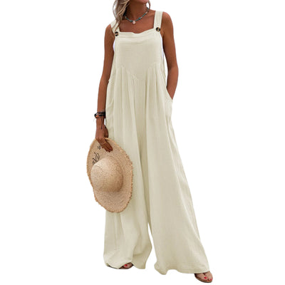 Overalls Women Summer Jumpsuit Outfits Plus Size Solid Color Casual Button Wide Leg Suspender Pants Overalls with Pockets