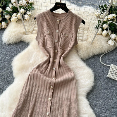 Women's Round Neck Sleeveless Dress Single-breasted Chic Elasticated Waist Slim Long Skirt   New High Quality Knitted Dress