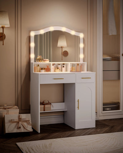 Hzuaneri Dressing Table, HD Large Mirror, 3 Colored Adjustable LED Lights, with Charging Station 2 AC Sockets and 2 USB Ports