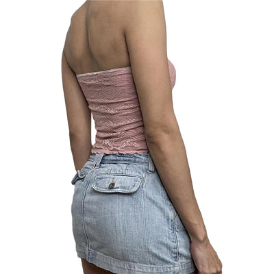 Xingqing y2k Off Shoulder Top Women Fairy Grunge Clothes Summer Sleeveless Lace Trim Patchwork Strapless Tshirt 2000s Streetwear