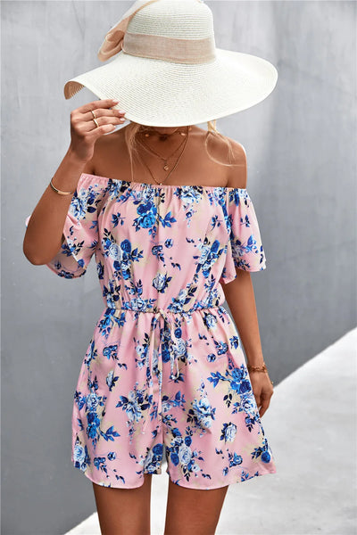 Summer Woman Playsuits Flowers Printed Sexy Off Shoulder Slim Romper Jumpsuit Women Short Sleeve Holiday Beach Playsuit
