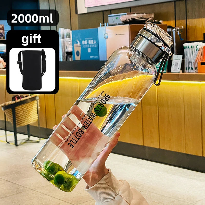 Sports Glass Water Bottle 2L Capacity Free Cup Cover (with Shoulder Strap)  Portable Leak-proof Drinking Stainless Steel Lid