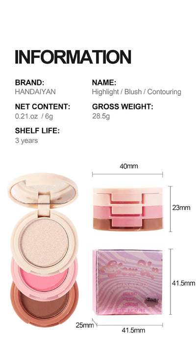 3-In-1 Face Bronzer Highlighter Makeup Palette Matte Pearlescent Blush Contouring Shadow Brighten Three-layer All-in-one Palette