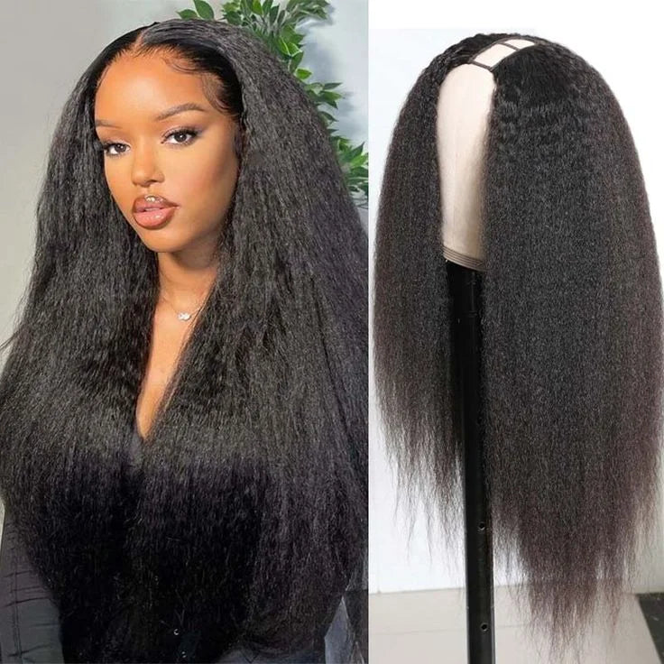 Kinky Straight 3 In 1 Half Wigs 100% Human Hair Brazilian Glueless Seamless Flip Over Yaki Straight V Part Wig Beginner Friendly
