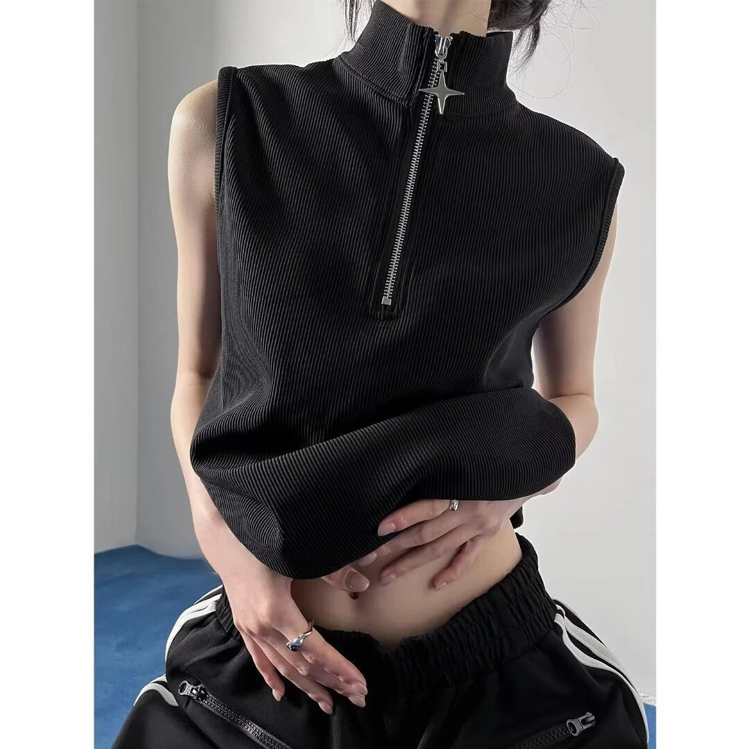 Gothic Tank Top Men and Women Harajuku Punk Vintage Stand Neck Zipper Streetwear Sleeveless Tanks Y2k Aesthetic Solid Camisoles
