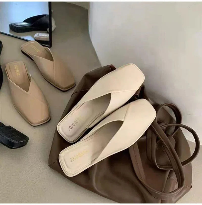 Women Mules Designer Square Toe 2025 Summer Ladies Fashion Slippers New Slides Female Outside Beach Shoes Big Size мюли женские