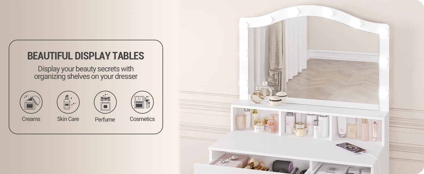 Hzuaneri Dressing Table, HD Large Mirror, 3 Colored Adjustable LED Lights, with Charging Station 2 AC Sockets and 2 USB Ports