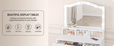 Hzuaneri Dressing Table, HD Large Mirror, 3 Colored Adjustable LED Lights, with Charging Station 2 AC Sockets and 2 USB Ports