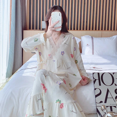 2025 Summer Pregnant Women Clothes Fashion Sweet Lace Patchwork V-neck Maternity Nursing Nightgowns Sleep Lounge Dress Lactation