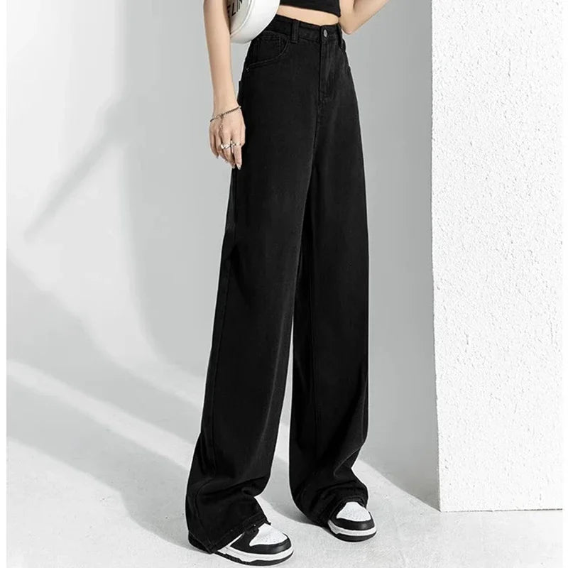Woman High Waist Stacked Straight Leg Jeans Female Gothic Loose Wide Leg Pants Girls Y2k Black Blue Light Blue Denim Trousers