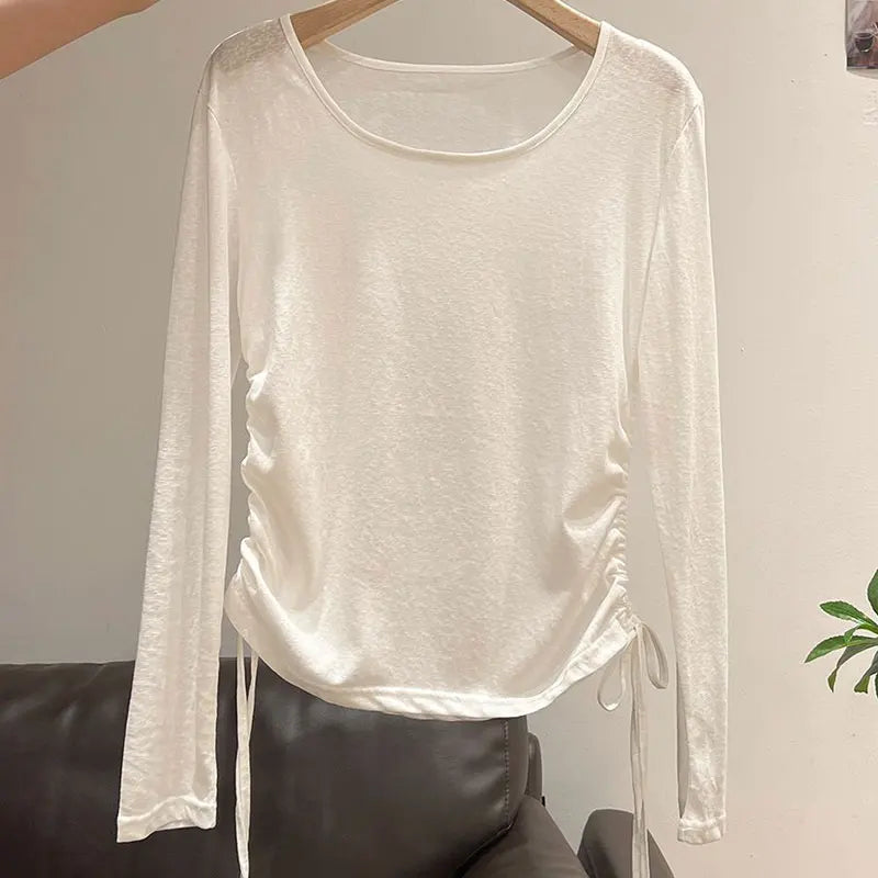 2025 New Summer Women's Light Blue Cooling Sun Protection Top Shirring Detail Loose Sheer Thin Blouse Y2k Korean Fashion Clothes