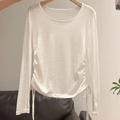 2025 New Summer Women's Light Blue Cooling Sun Protection Top Shirring Detail Loose Sheer Thin Blouse Y2k Korean Fashion Clothes