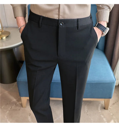 High End Elastic Waistband Suit Pants for Men Embroidered Business Casual Pants Solid Colror Versatile Social Office Trousers