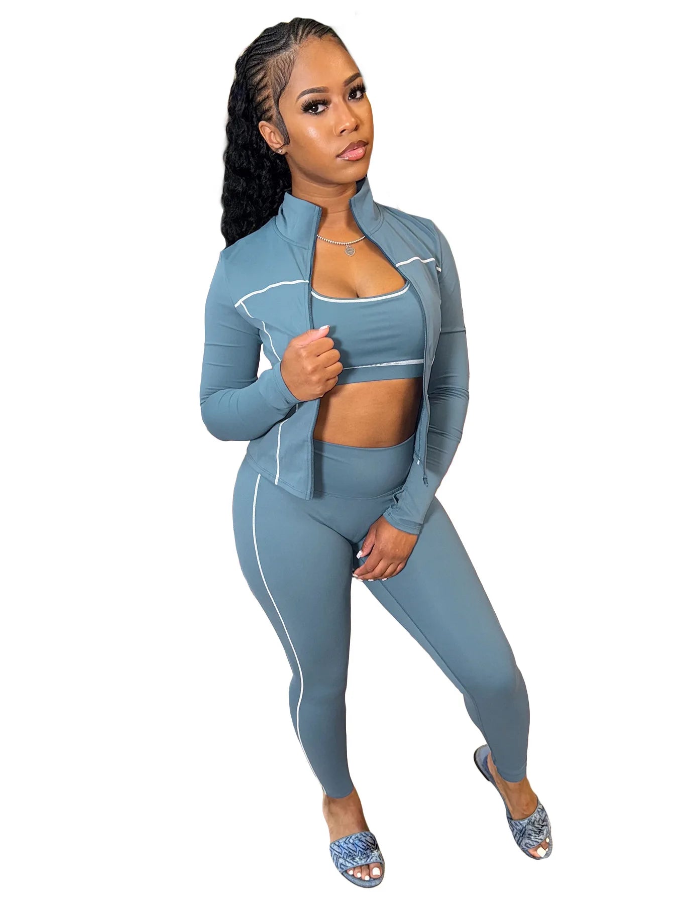 FLARORA Casual Sporty Three Piece Sets Woman Stripe Patchwork Sleeveless Vest+Jacket+Pant Outfits Female Yoga Fitness Tracksuits