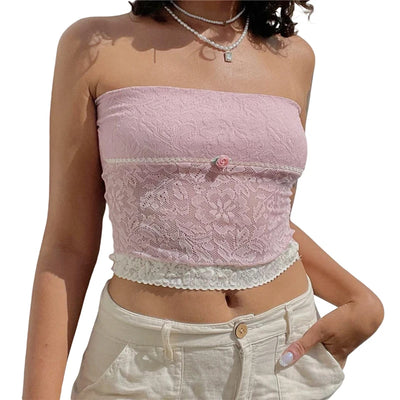Xingqing y2k Off Shoulder Top Women Fairy Grunge Clothes Summer Sleeveless Lace Trim Patchwork Strapless Tshirt 2000s Streetwear