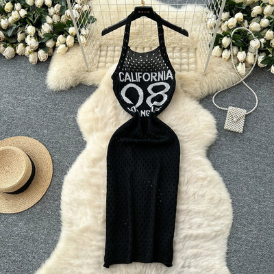 YuooMuoo Women Dress 2025 Summer Ins Hot Letter Print Halter Knitted Beach Dress Chic Fashion Sexy Wrap Hip Streetwear Vestidos