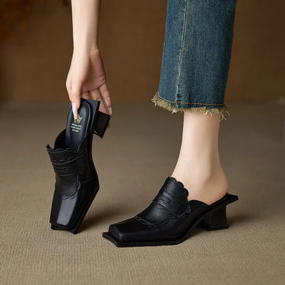 NEW Summer Women Mules Genuine Leather Shoes for Women Square Toe Chunky Heel Shoes Cover Toe Slingback Sandals Modern Slippers