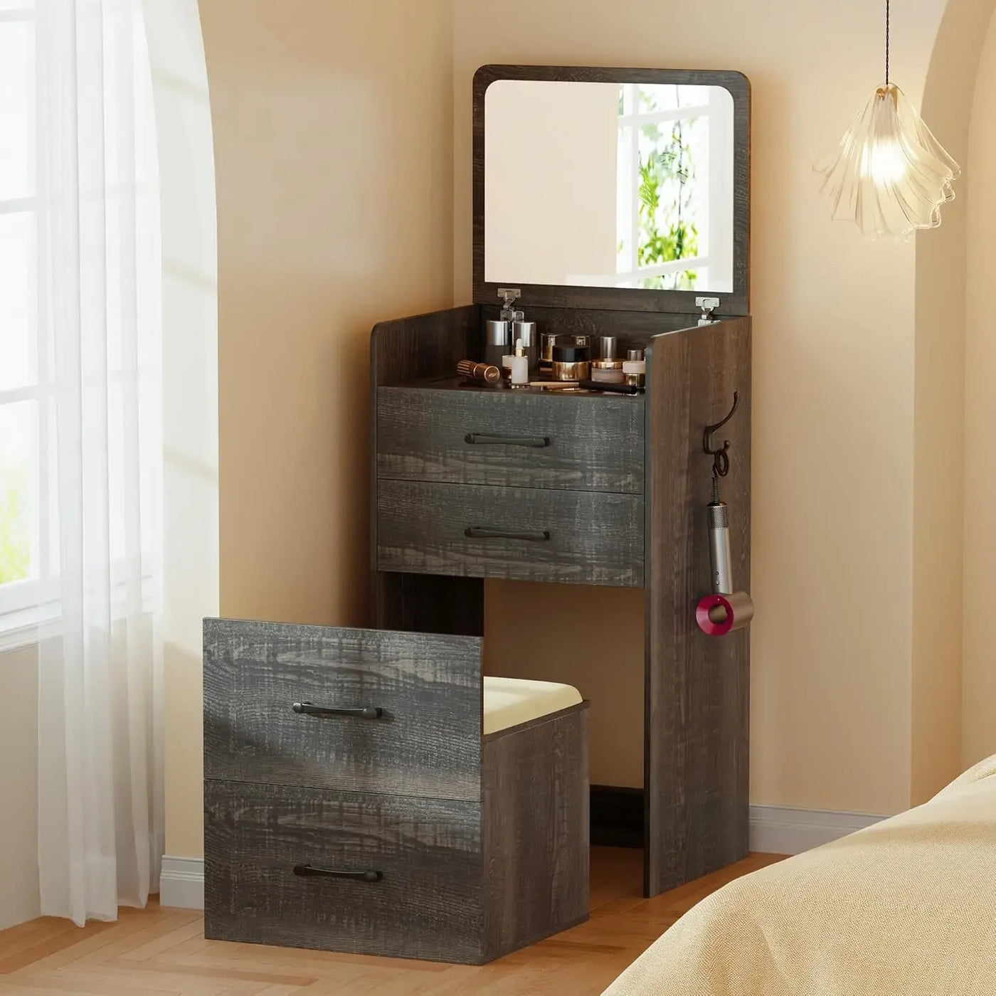 3 in 1 Vanity Desk with Flip Top Mirror,Small Make Up Vanity Set with Visible Glass Desktop,Compact Makeup Vanity with 3