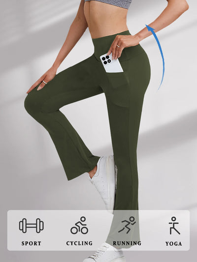 Women's Super Soft Flare Pants with Pockets High Waisted Tummy Control Workout Yoga Push Up Gym Fitness Leggings Bell Bottoms