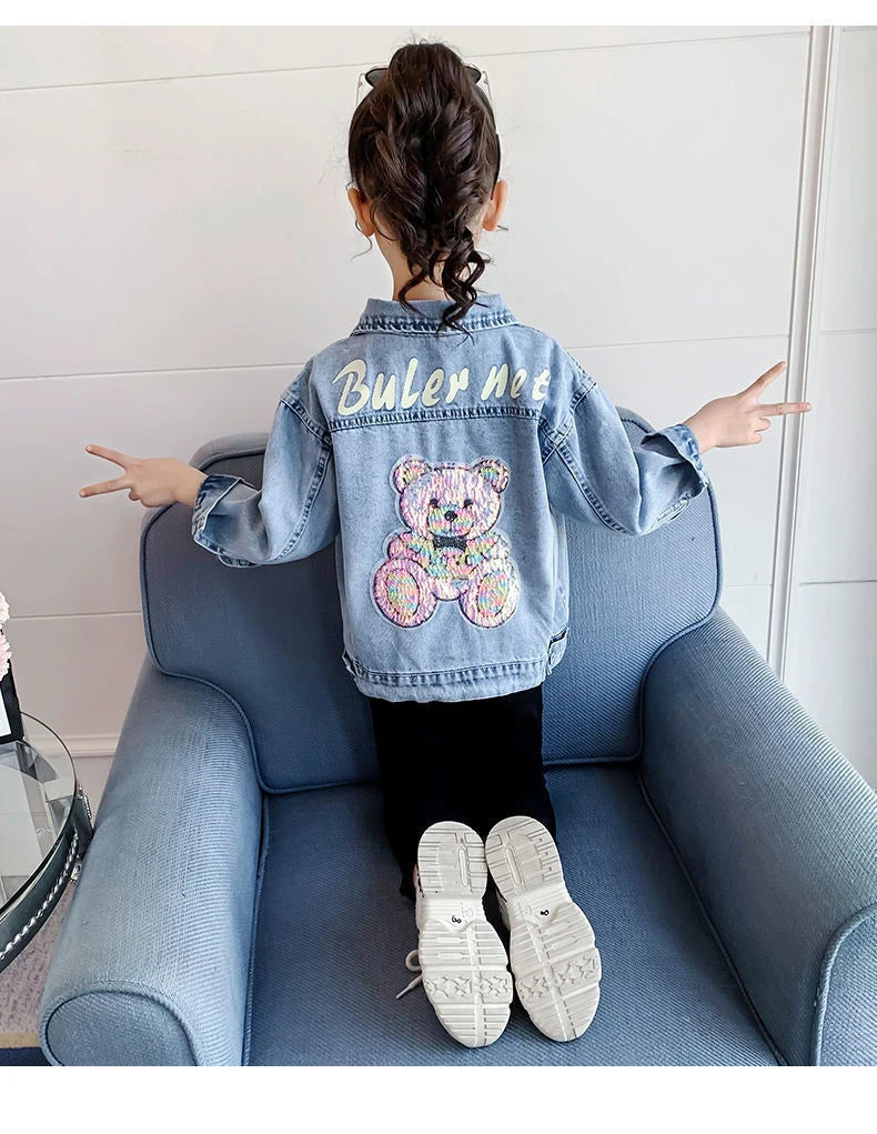 3 4 6 8 10 12 Years Teen Girls Denim Jacket Spring New Fashion Bear Sequin Cowboy Coats For Girls Children Outwear Birthday Gift