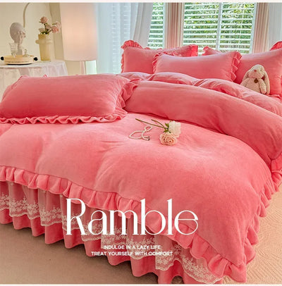2024 hot solid color Korean version lace bed skirt kit flannel quilt cover thickened warm four-piece set