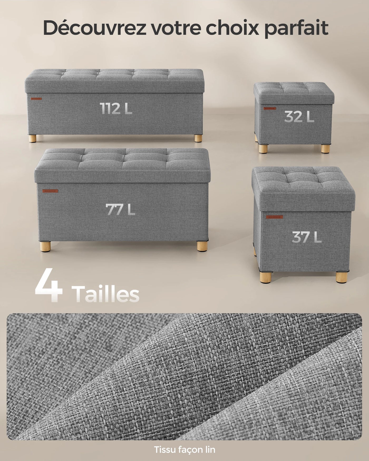 Storage Ottoman, Padded Foldable Bench, Chest with Lid, Solid Wood Feet, Space-Saving, Holds up to 300 kg, for Bedroom
