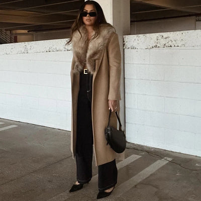Elegant Fur Lapel Long Coat Women With Belt Woolen Full Sleeve Lace Up Loose Thicken Overcoat 2025 Spring Solid Pocket Outwear