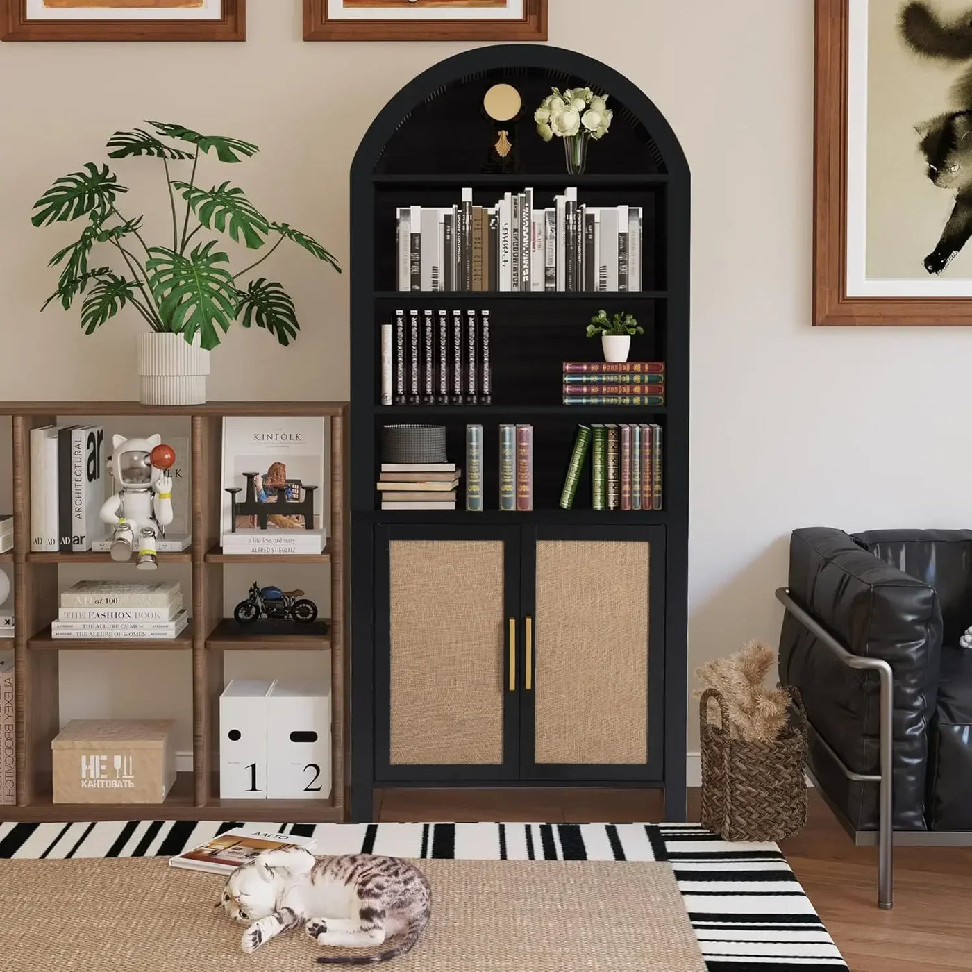 71" Tall Arched Bookcase with Storage, Modern 6-Tier Arched Cabinet with Door,Arched Bookshelf Cabinet with Open Display Storage