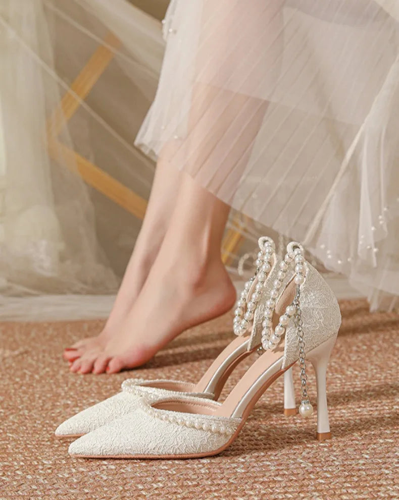 High Heeled Shoes Women's 2025 Summer with A Thin Heel and Pointed Toe A Straight Cut Lace Surface White Pearl Bridal Shoe Women