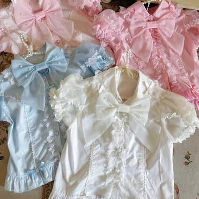 Japanese Lolita Shirts Vintage Elegant Women Classical Sweet Short Sleeve Blouse Ruffles Bow Casual Y2k Crop Tops Gothic Blusas