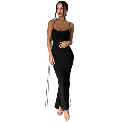 Summer sexy pleated solid color strap with perspective high slit backless sleeveless long skirt
