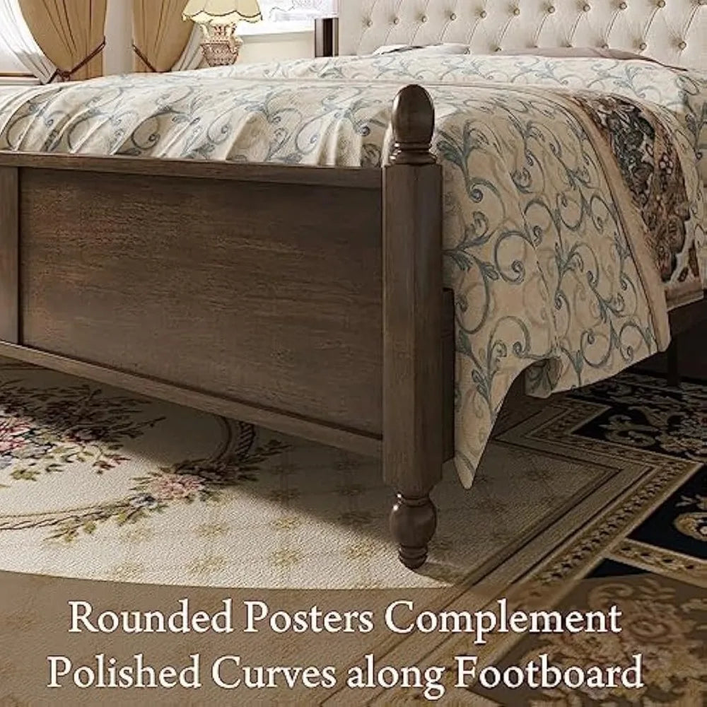 King Size Wood Bed Frame with Upholstered Headboard, Solid Wood Platform Bed with Linen Tufted, No Box Spring Needed