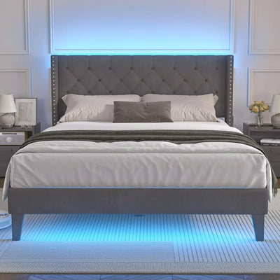 Bed Frame with Led Lights, Upholstered Velvet Platform Bed Frames with Button Tufted Wingback Headboard and Footboard