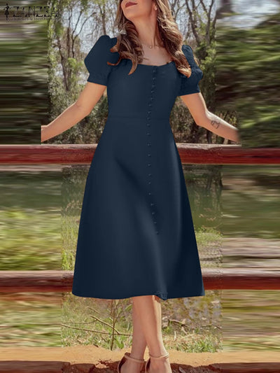 2025 ZANZEA Holiday Vestidos Women Summer Dress Fashion Elegant Square Neck Puff Sleeve Work Midi Dresses Stylish Party Sundress