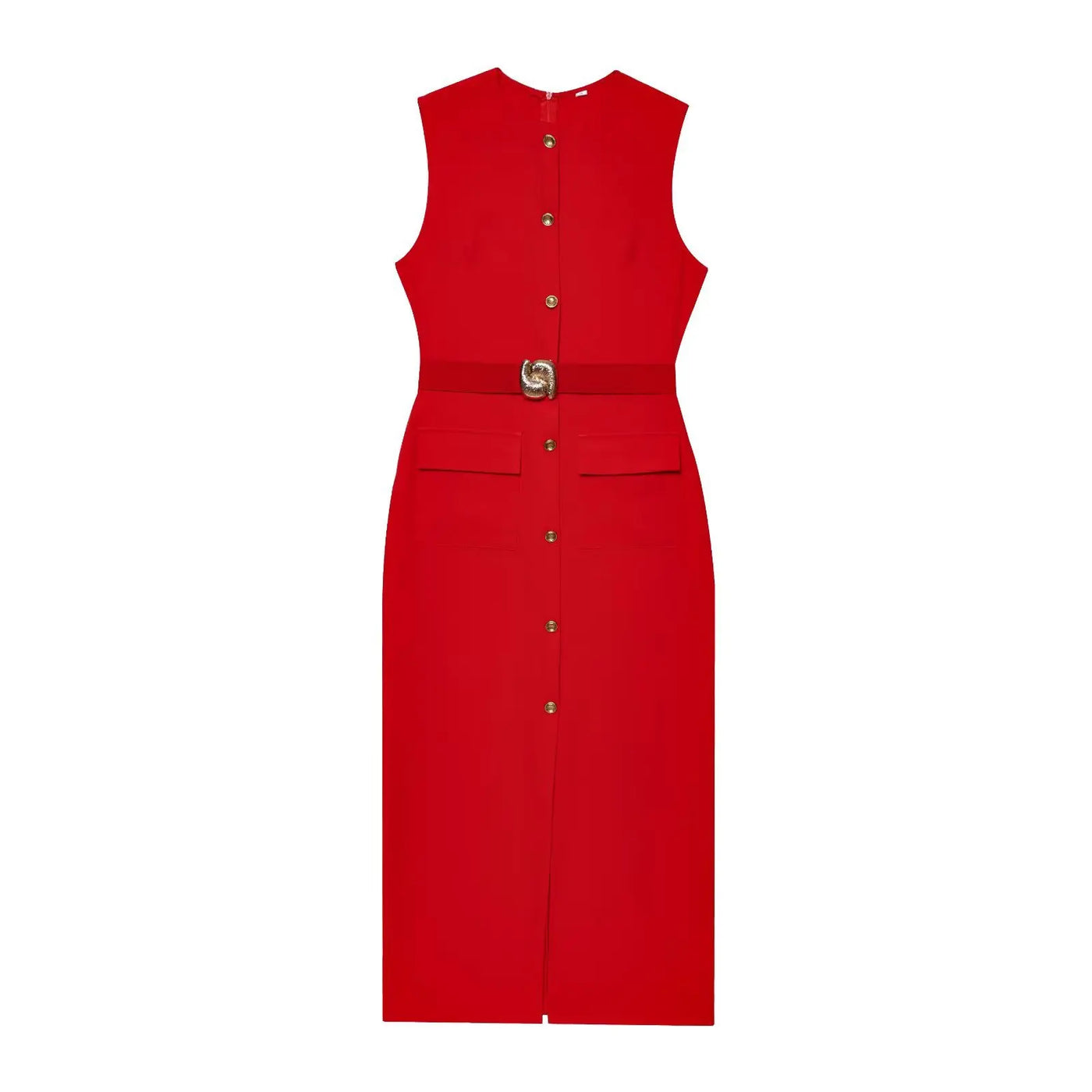 Women Long Dress Solid Color Summer Casual Slim Lady O-Neck Sleeveless Dresses Elegant Streetwear Female Button Up Belt Vestidos