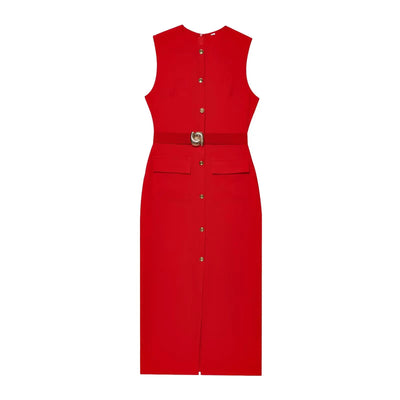 Women Long Dress Solid Color Summer Casual Slim Lady O-Neck Sleeveless Dresses Elegant Streetwear Female Button Up Belt Vestidos