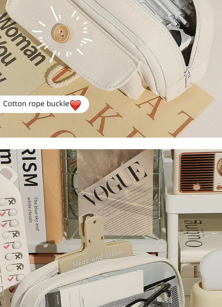 Cute And Convenient Canvas Pencil Case Large Opening Capacity for Student Supplies Cosmetics Travel Handbag 1pc