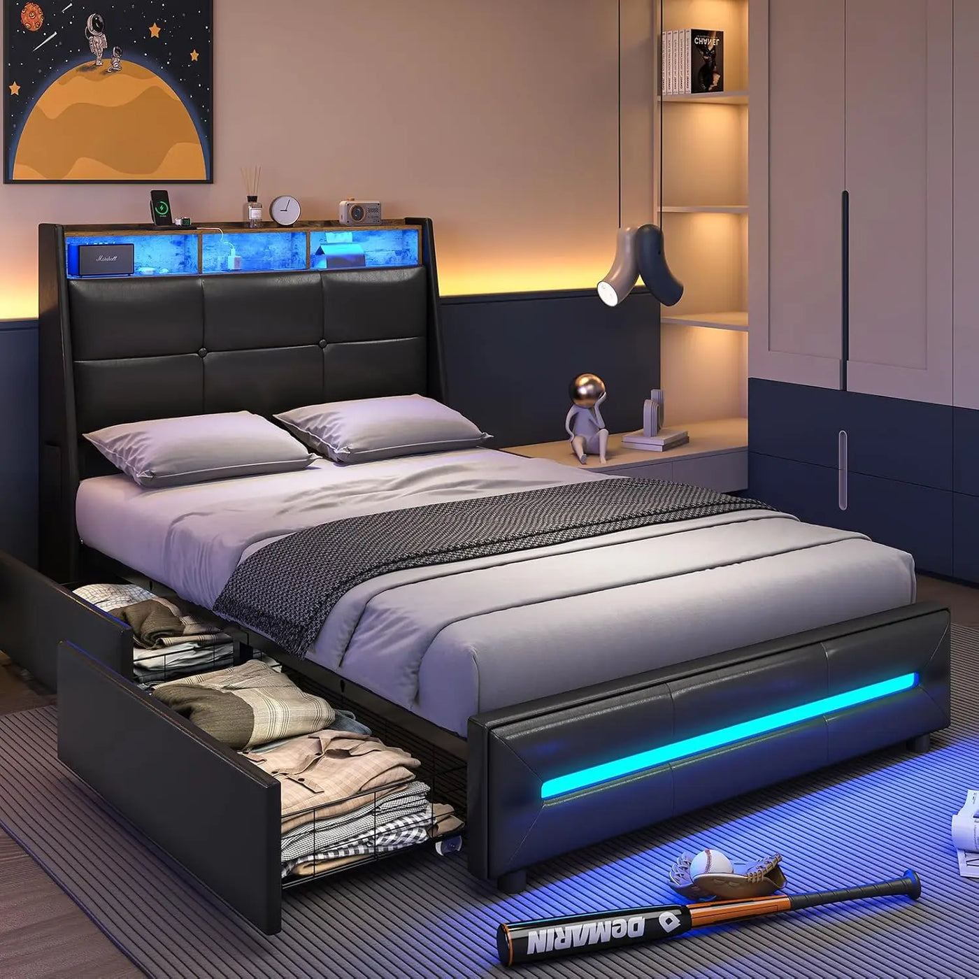 MSmask Full Black Platform Bed with Storage, LED Lights, USB Ports, 4 Drawers, Wingback Headboard - Modern Style, No Box Spring