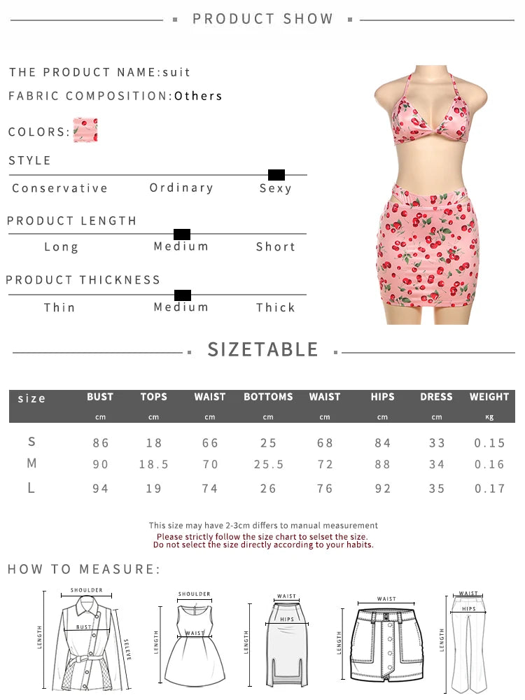 Weird Puss Hottie Sexy 3 Piece Set Women Summer Cherry Print Halter Bra+Thong+Skirts Vacation Beach Party Clubwear Matching Suit