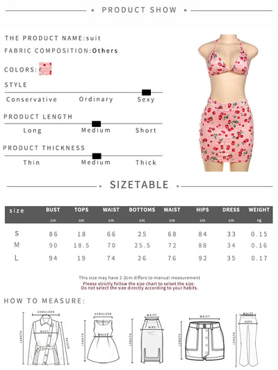 Weird Puss Hottie Sexy 3 Piece Set Women Summer Cherry Print Halter Bra+Thong+Skirts Vacation Beach Party Clubwear Matching Suit