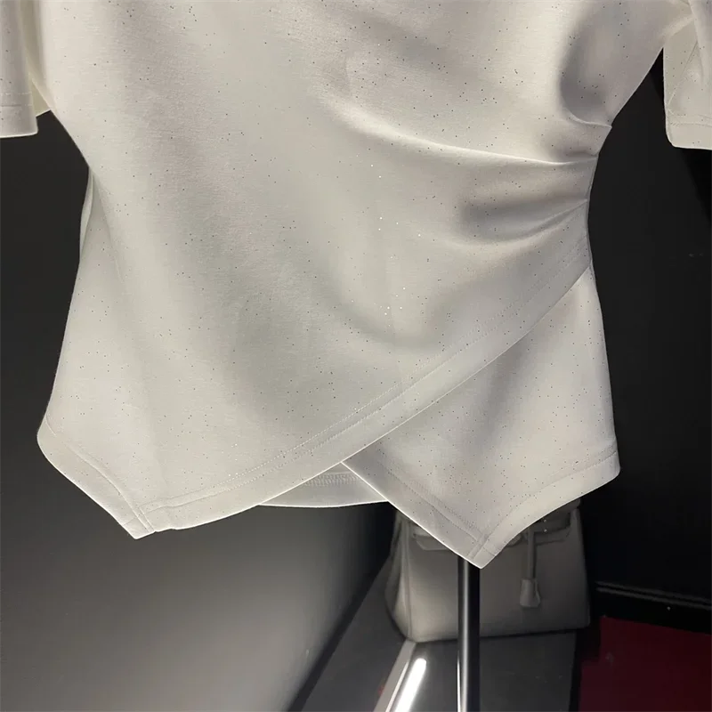 Crop Tops Tshirts for Women Solid Color Diamond Tunic Tees 2024 Ropa Mujer Slim Waist Off Shoulder Fashion Sweet Sexy T-shirt