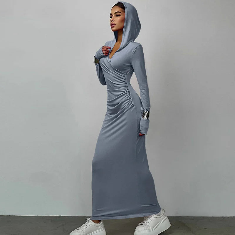 Hugcitar Solid Hoodies V Neck Long Sleeve Draped Sexy Slim Maxi Dress 2023 Winter Women Fashion Y2K Outfits Streetwear Party