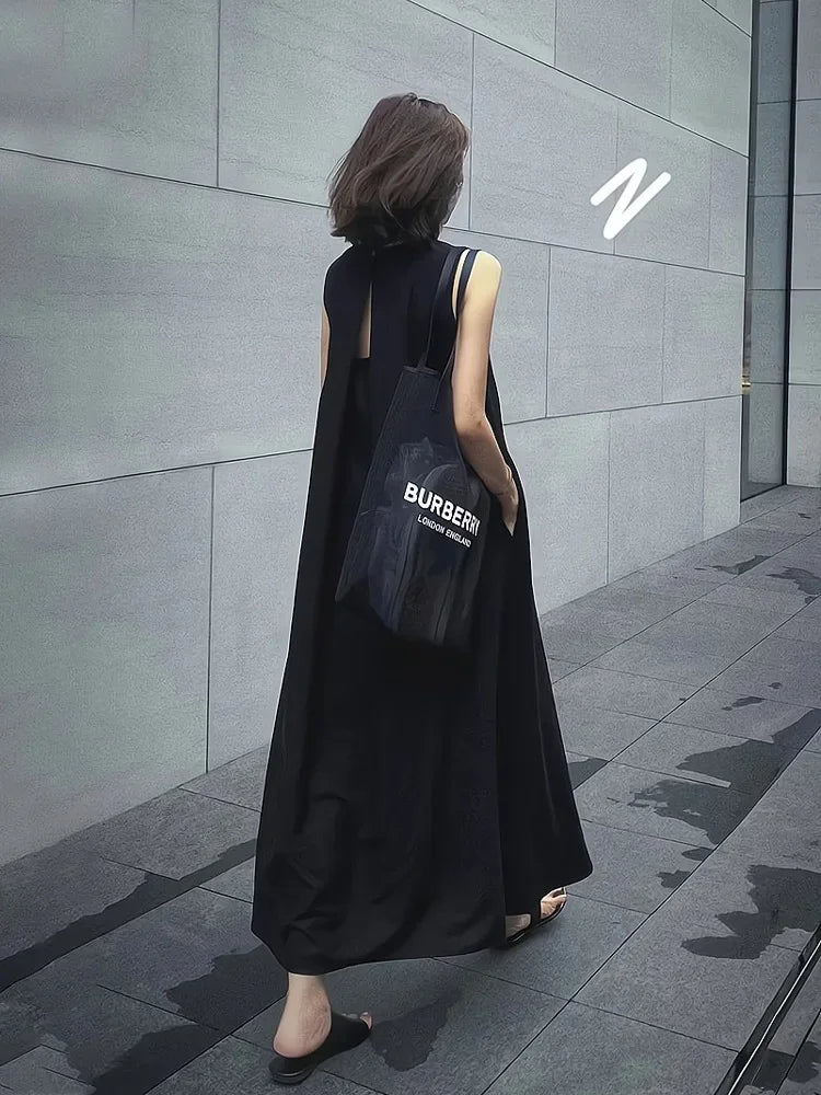 Hebe Style French Sleeveless Hollow out Vest Unique Elegant Black Summer Long Dress Women Backless Dress round Neck Ankle-length