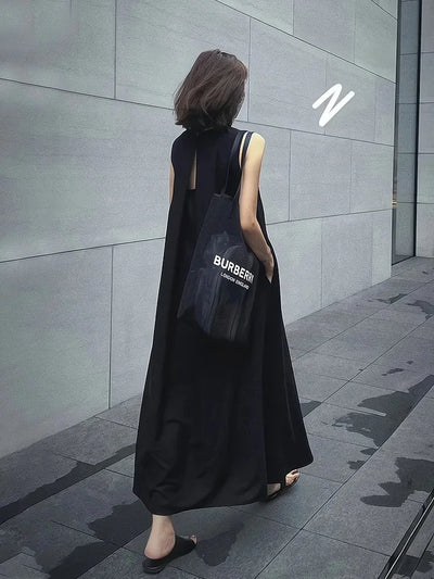 Hebe Style French Sleeveless Hollow out Vest Unique Elegant Black Summer Long Dress Women Backless Dress round Neck Ankle-length