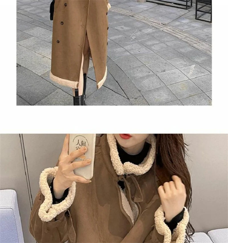 2024 Autumn Winter New Medium Long Double-breasted Lambswool Suede Woolen Coat Women Add Velvet Padded Warm Fur One Woolen Coats