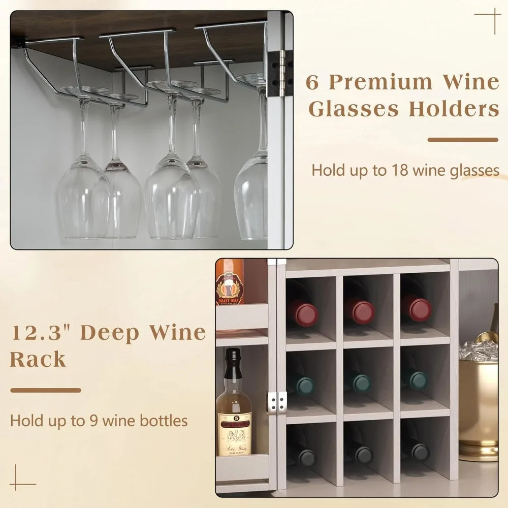 Farmhouse Expandable Wine Bar Cabinet, 61" Home Bar Unit with Foldable Tabletop & Barn Door, Coffee Bar Cabinet with Wine & Glas