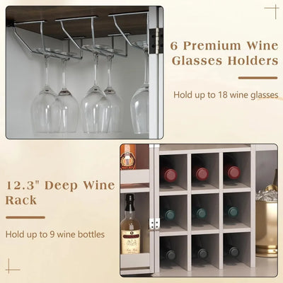 Farmhouse Expandable Wine Bar Cabinet, 61" Home Bar Unit with Foldable Tabletop & Barn Door, Coffee Bar Cabinet with Wine & Glas