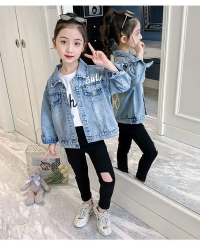 3 4 6 8 10 12 Years Teen Girls Denim Jacket Spring New Fashion Bear Sequin Cowboy Coats For Girls Children Outwear Birthday Gift